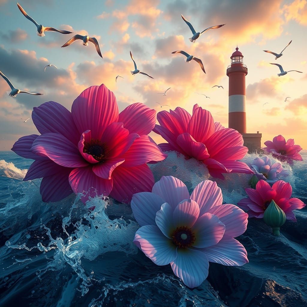 Vibrant Lighthouse Amidst Fantastical Blooms in a Stormy Sea