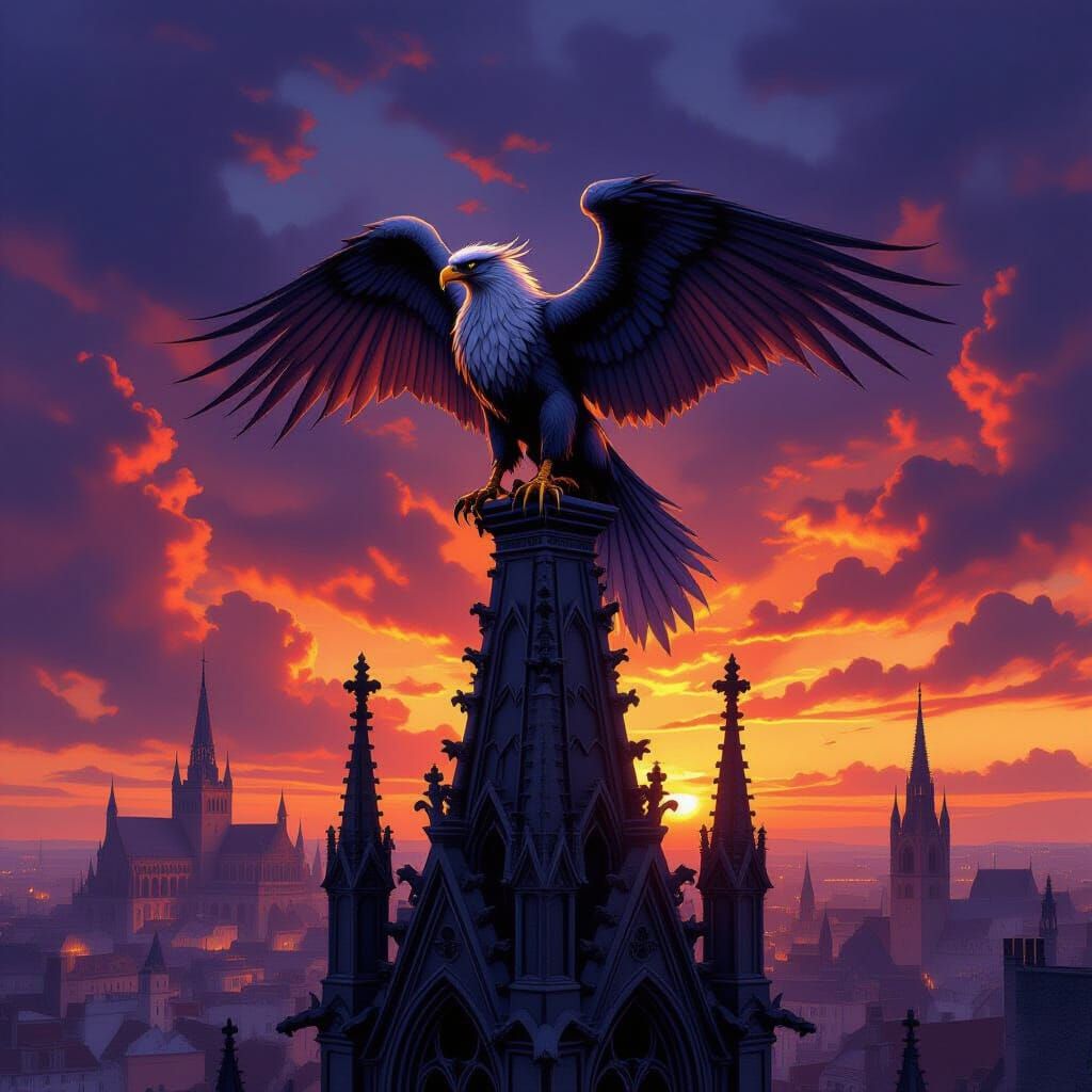 Griffin Over Medieval City at Dusk - Dark Fantasy Art