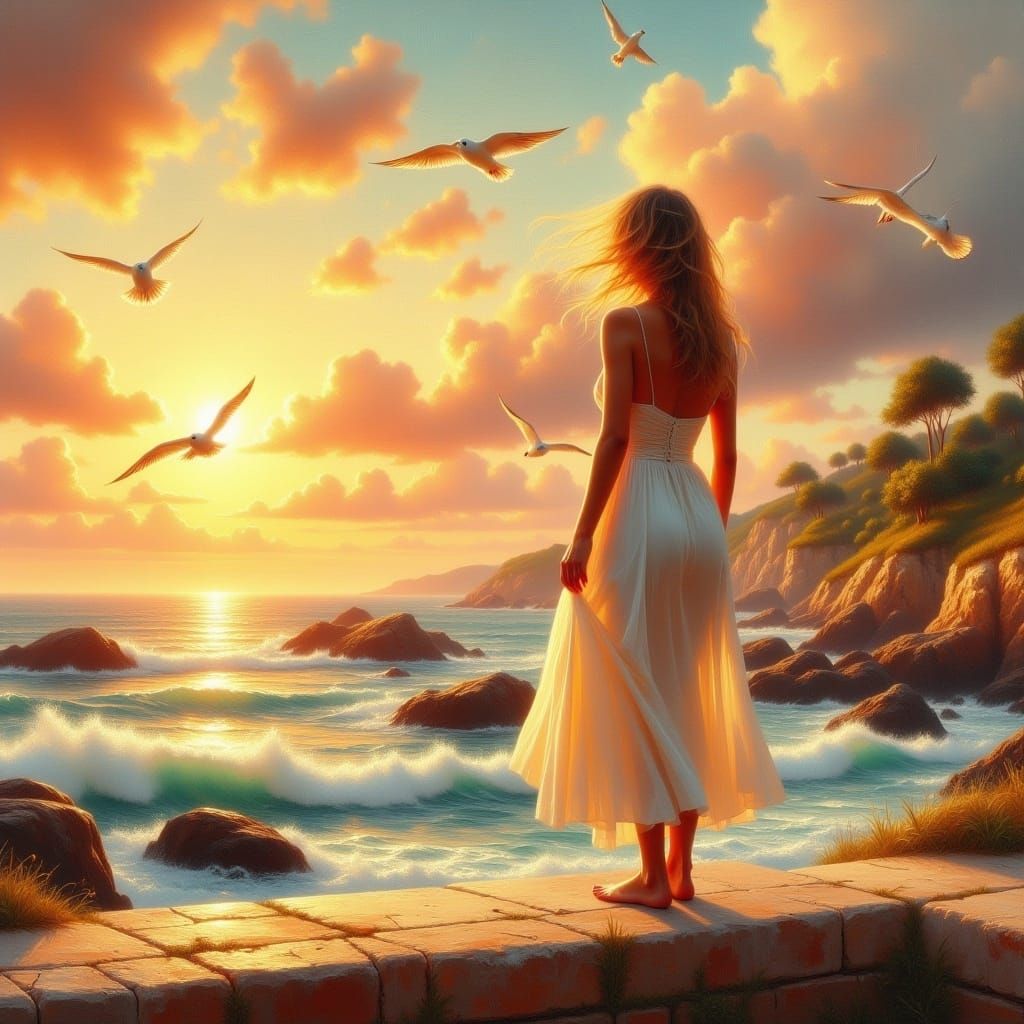 Coastal Sunset with Woman in Flowing Dress