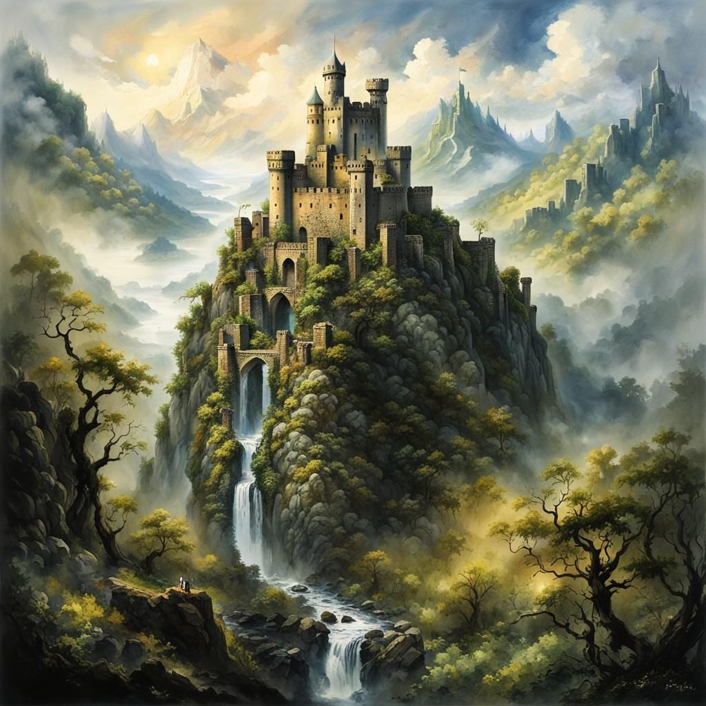 Ancient Castle Ruins Atop Misty Mountain: Watercolor