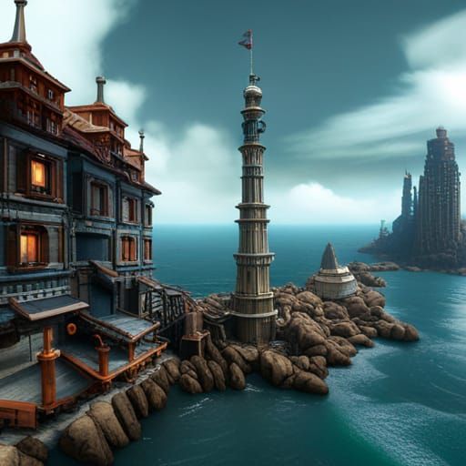 Coastal City with Iron Lighthouse, Fantasy Art