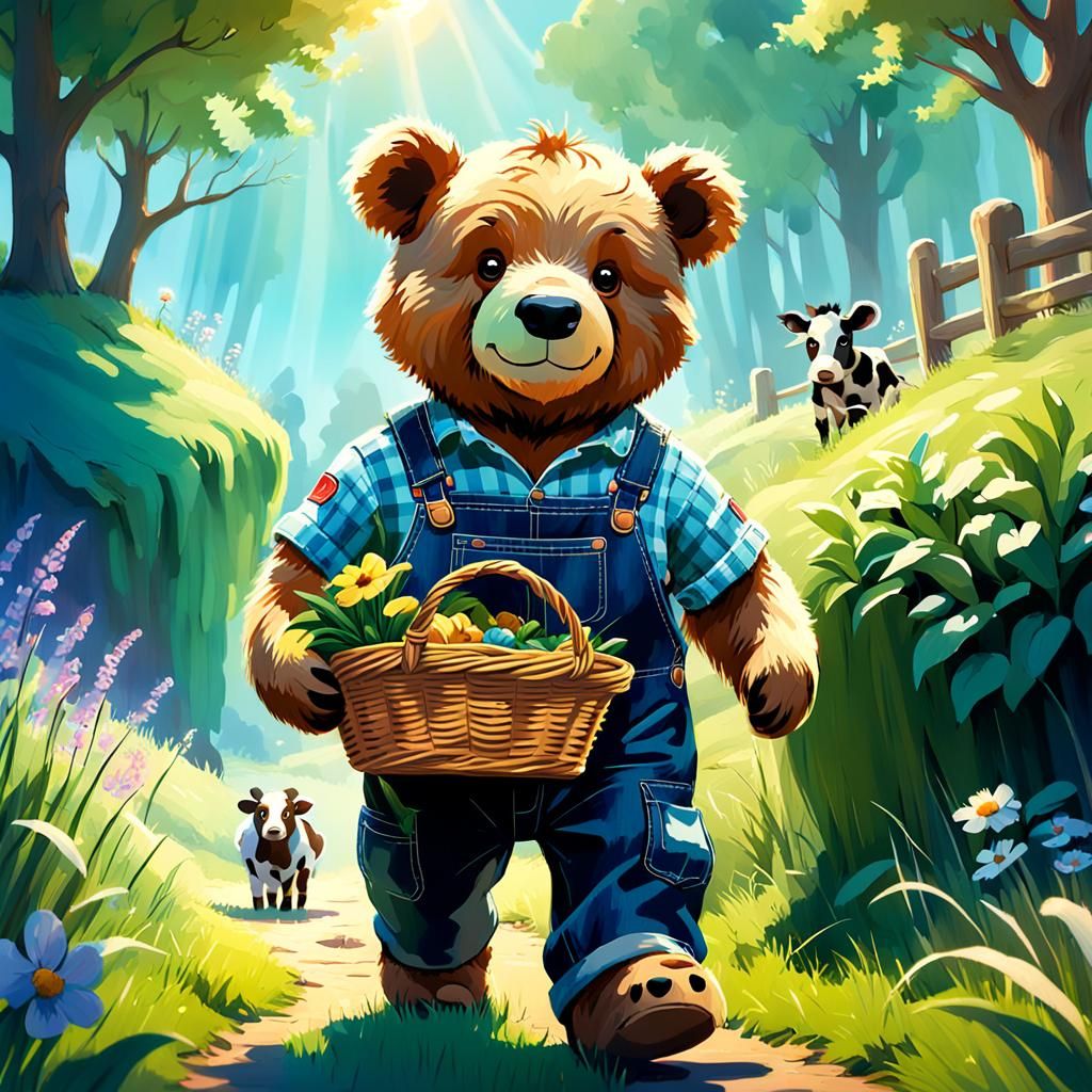 Teddy Bear Farmer with Mini Cow, Impressionist Style