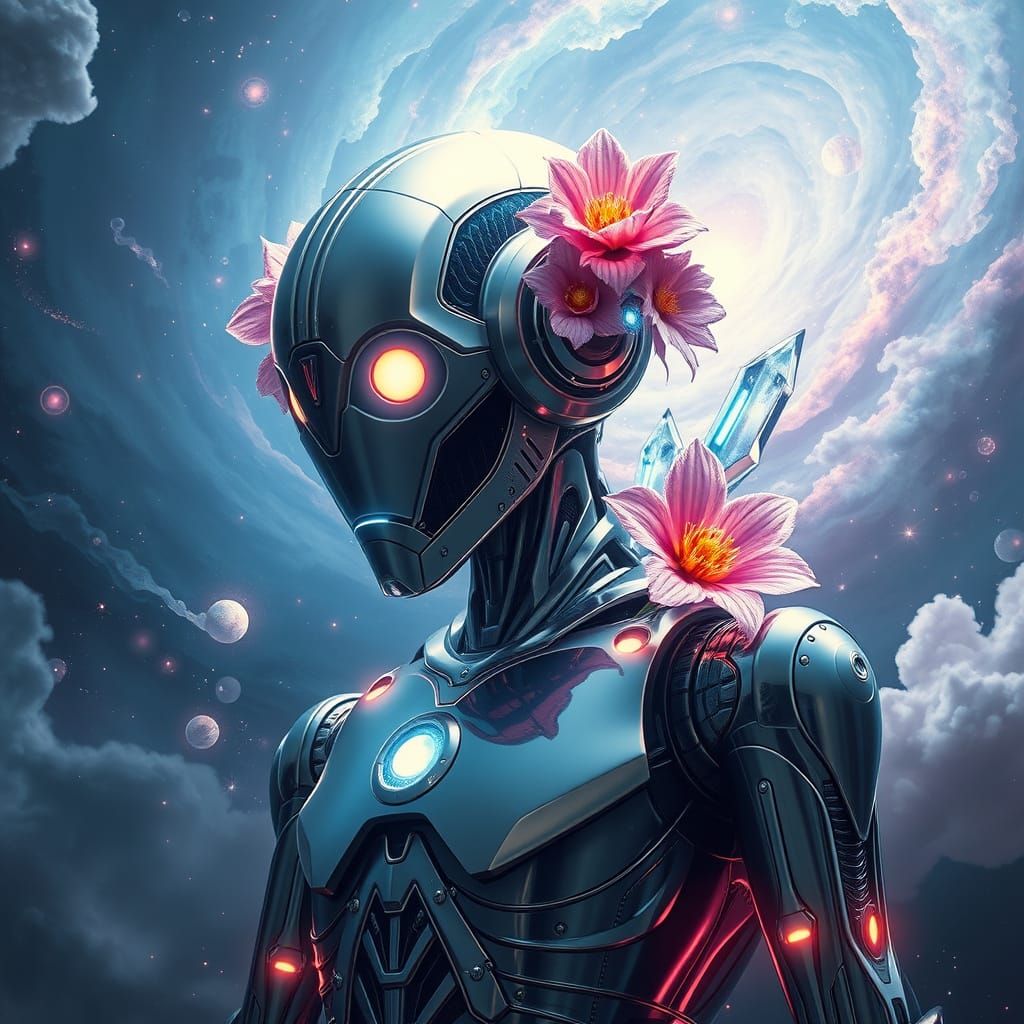 Gleaming Cosmic Robot Adorned with Iridescent Flowers