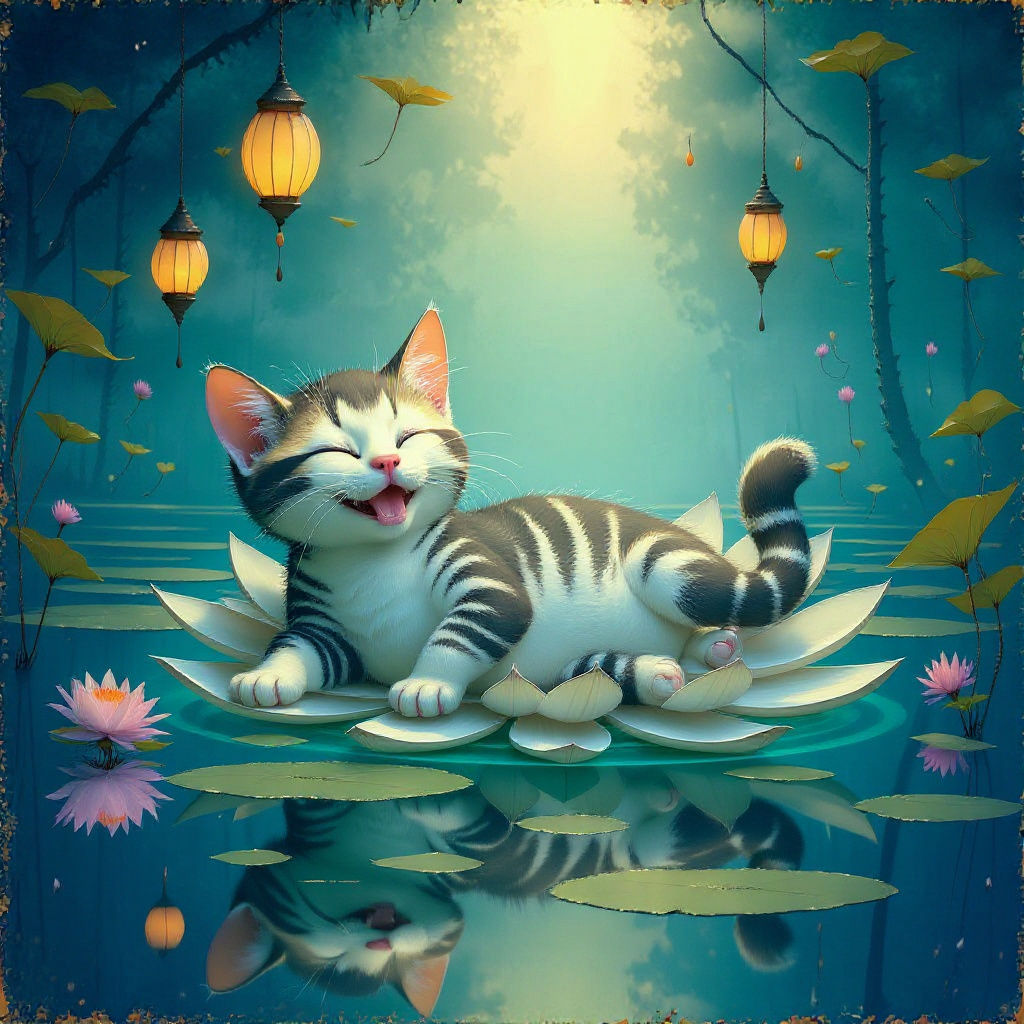 Kitten Meditating in Lotus Flower Dreamscape