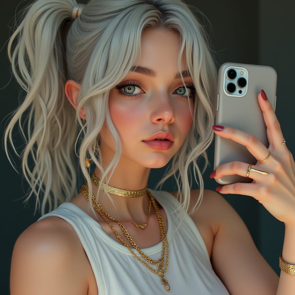 Hyper-Realistic Close-Up of Trendy Woman Taking Selfie