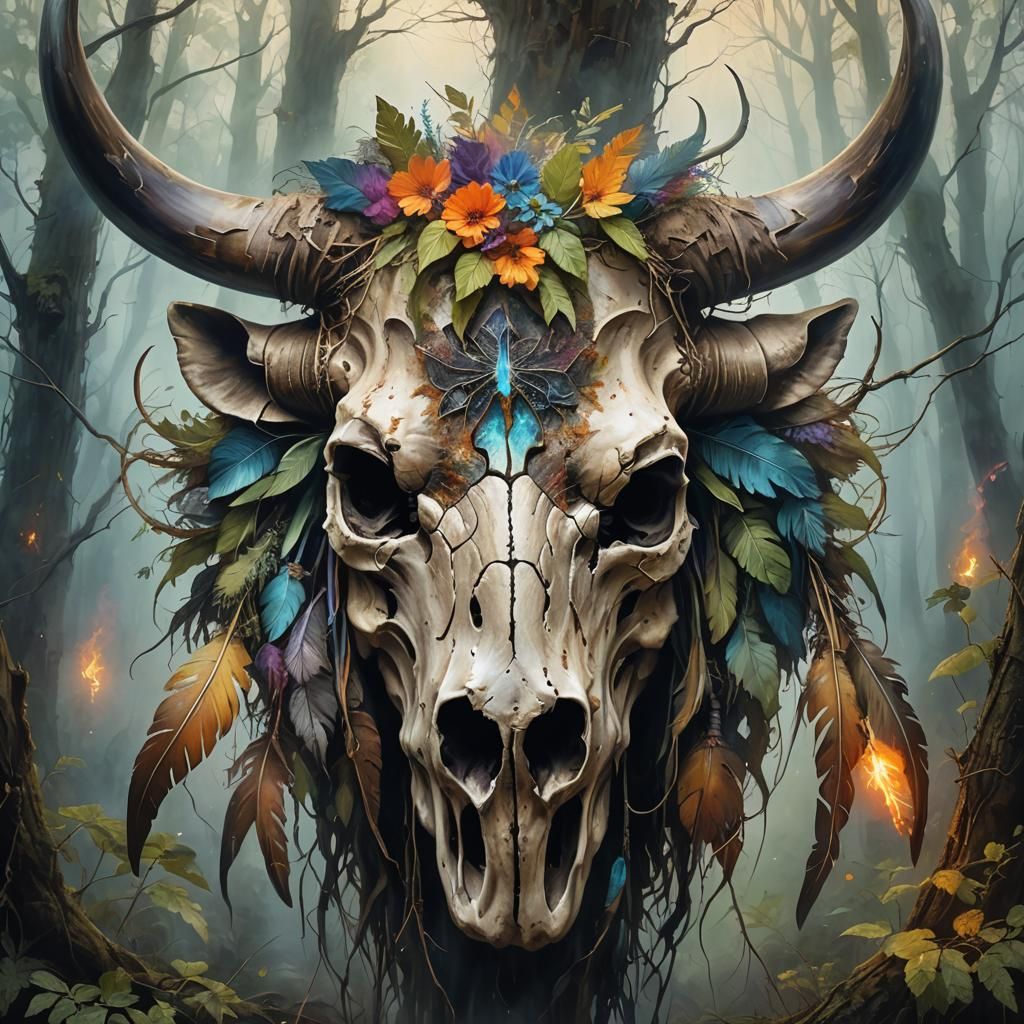 Mystical Buffalo Skull Portrait in Oil Painting Style