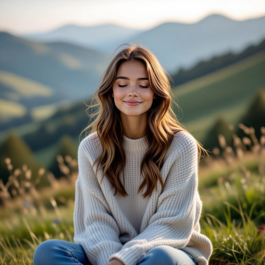 Teenager Overlooking Serene Landscape in Photorealistic Styl...