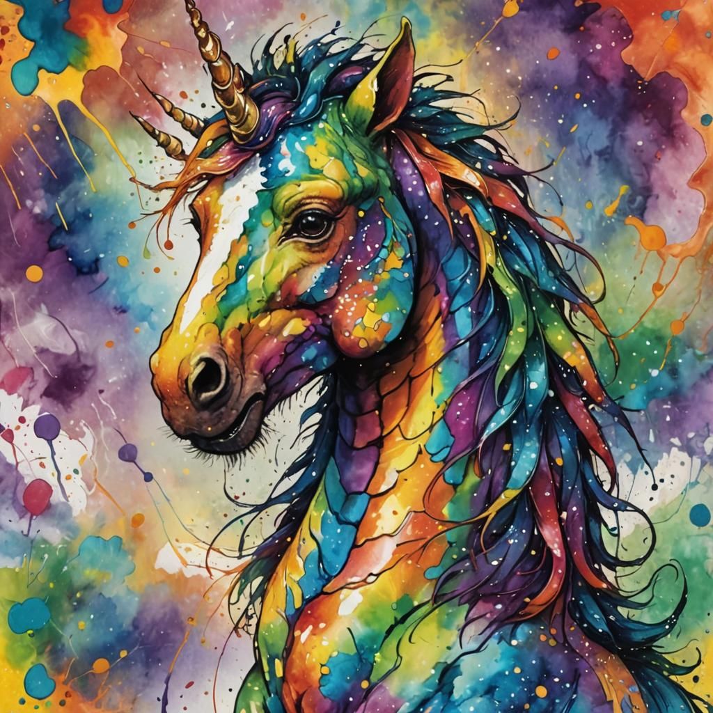 Unicorn Dragon in Rainbow Splatter, Oil Painting