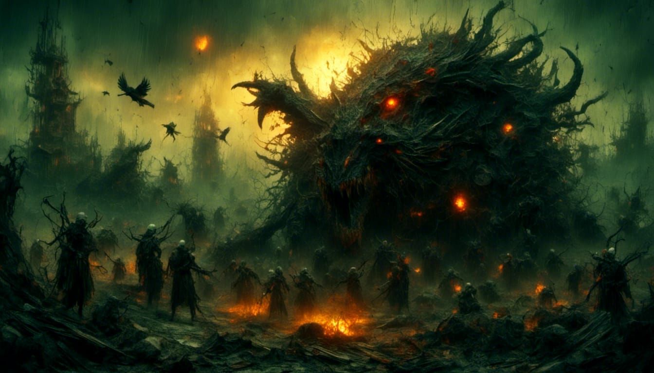 <lora:Distressed Mind:1.0> <lora:Aura:1.0> <lora:Yesterday:1.0> a swarm of wyverns devouring the setting sun