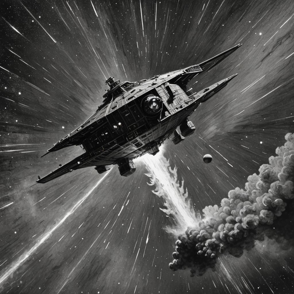 Spacecraft Breaks Light Barrier: Charcoal Drawing