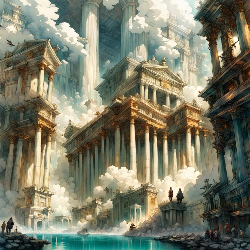 Olympus City with Waterfalls in Vibrant Triadic Colors