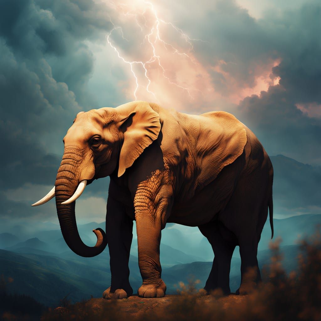 Surreal Elephant-Tiger Hybrid in Heavenly Landscape