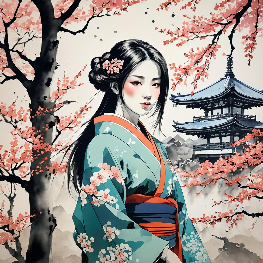 Girl in Spring: Japanese Ink Drawing of Fuji