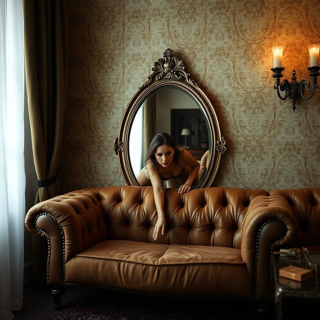 Sensual Woman Emerges from Mirror in Baroque Setting