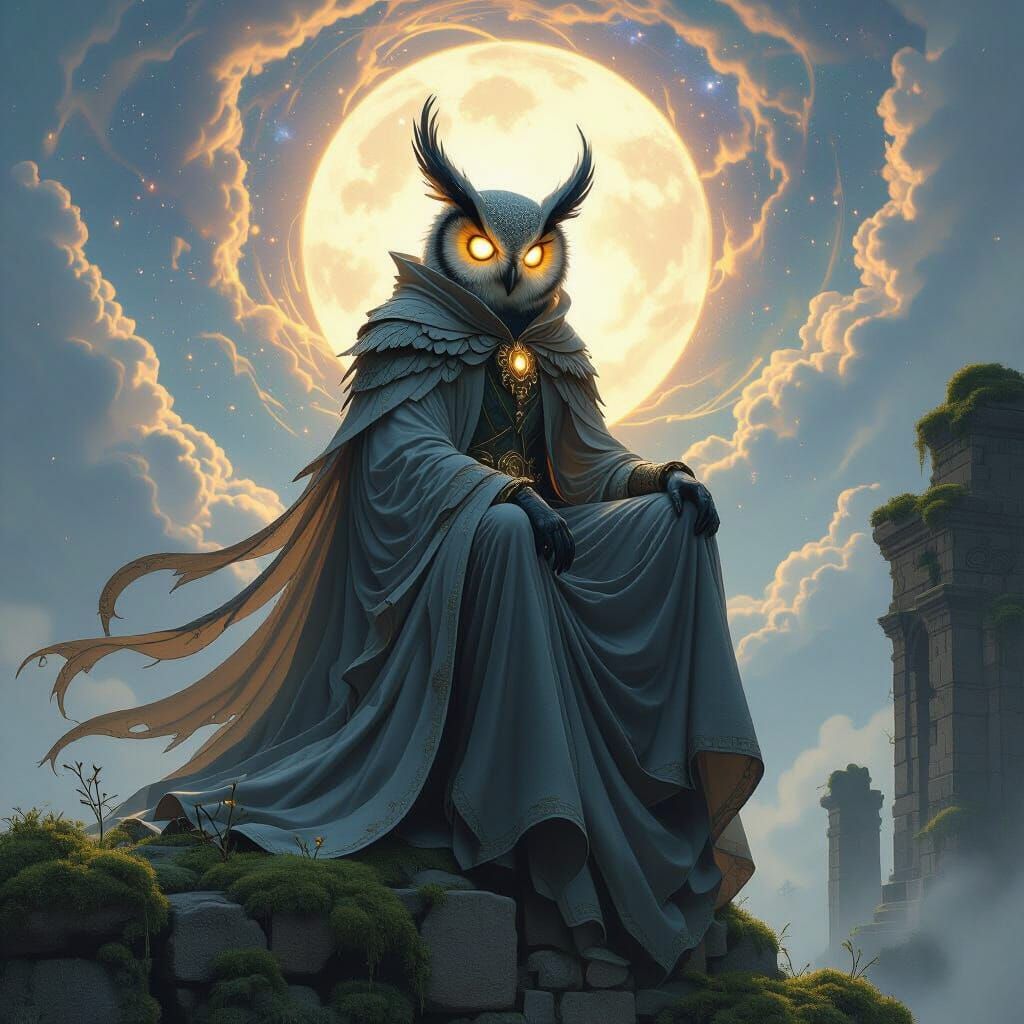 Owl Mage on Ancient Ruins: Art Nouveau Style
