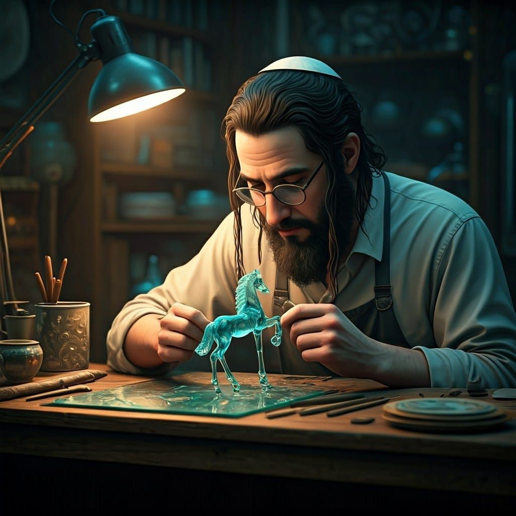 Hassidic Artist Sculpting Glass Horse, Fantasy Concept Art