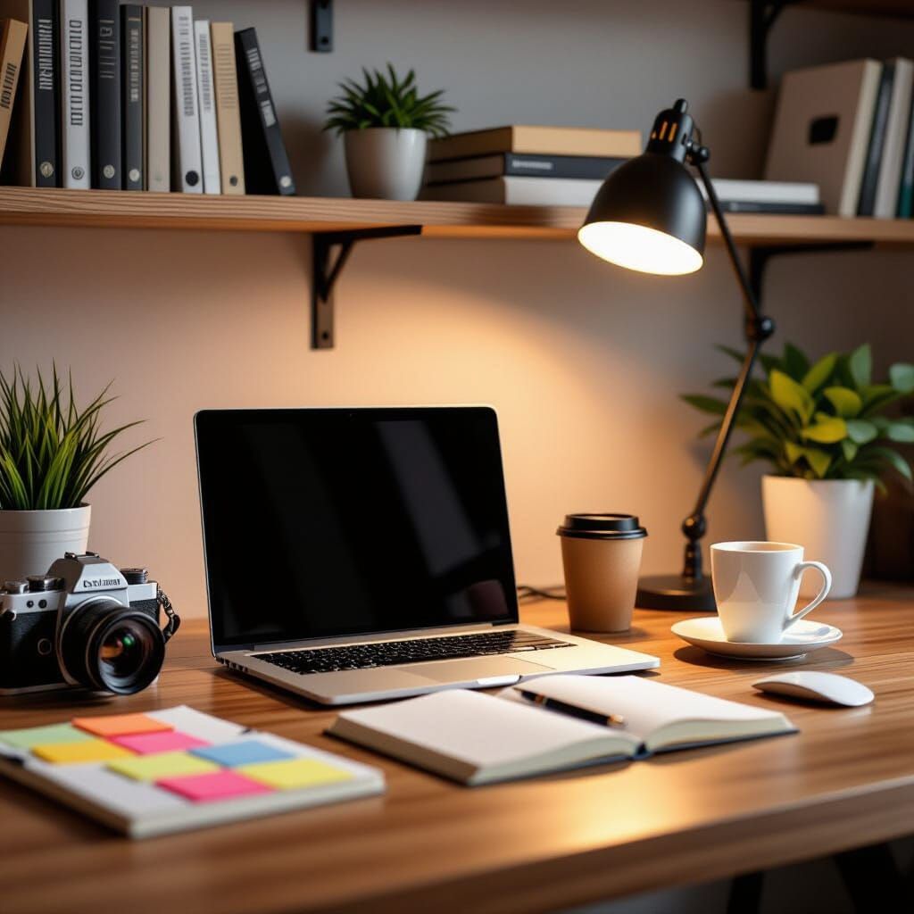 Cozy Professional Desk Scene with Laptop and Camera