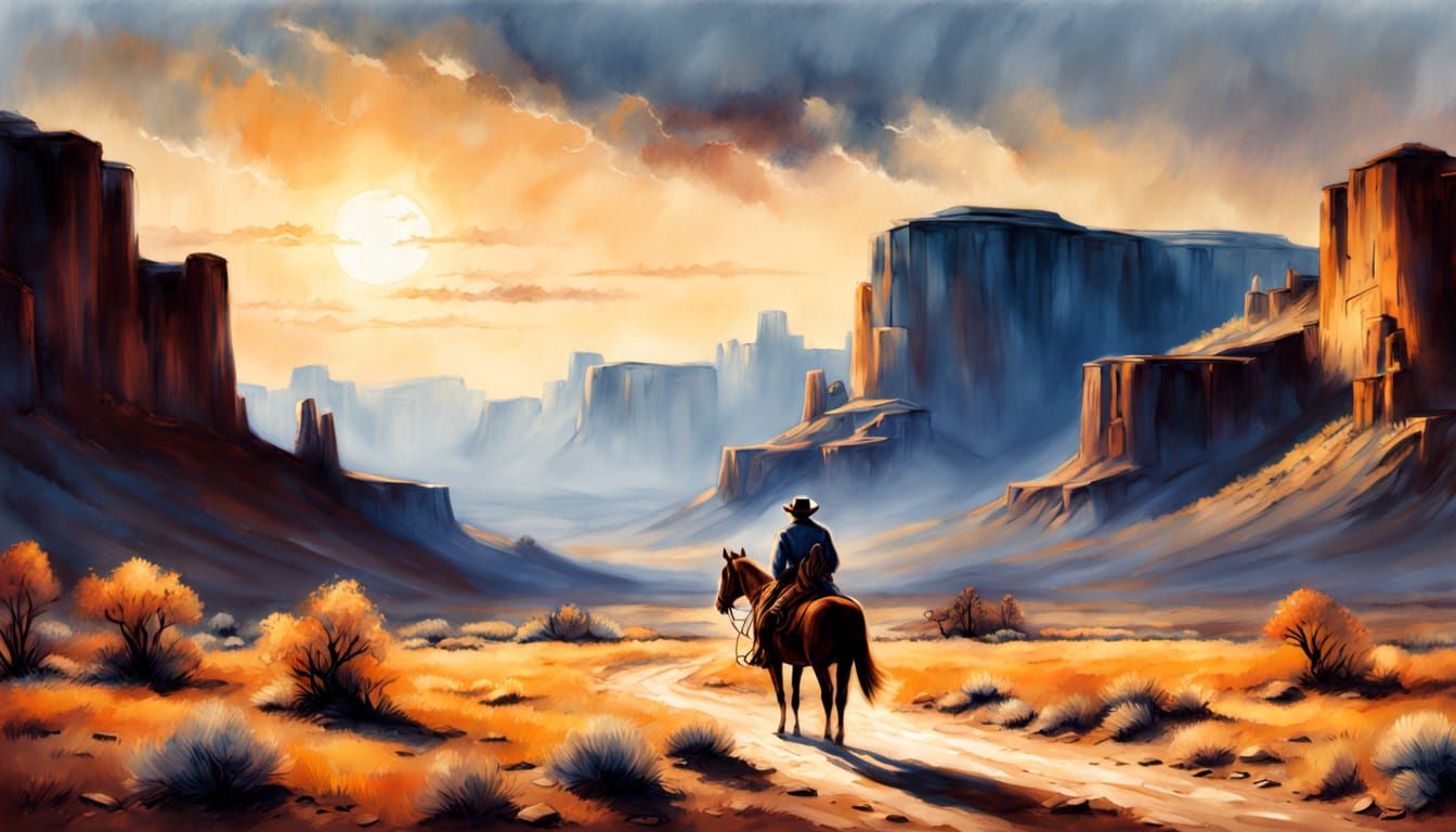 Classic American West Cowboy at Sunset in a Vintage Mine