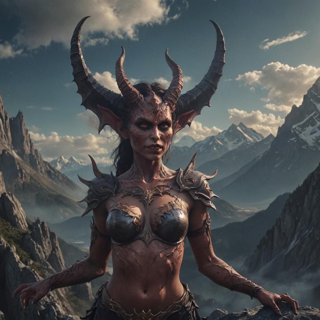 Demoness Face Over Mountains, Fantasy Concept Art