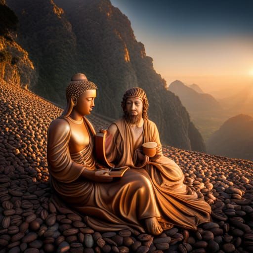 Buddha and Jesus Christ Sharing Coffee