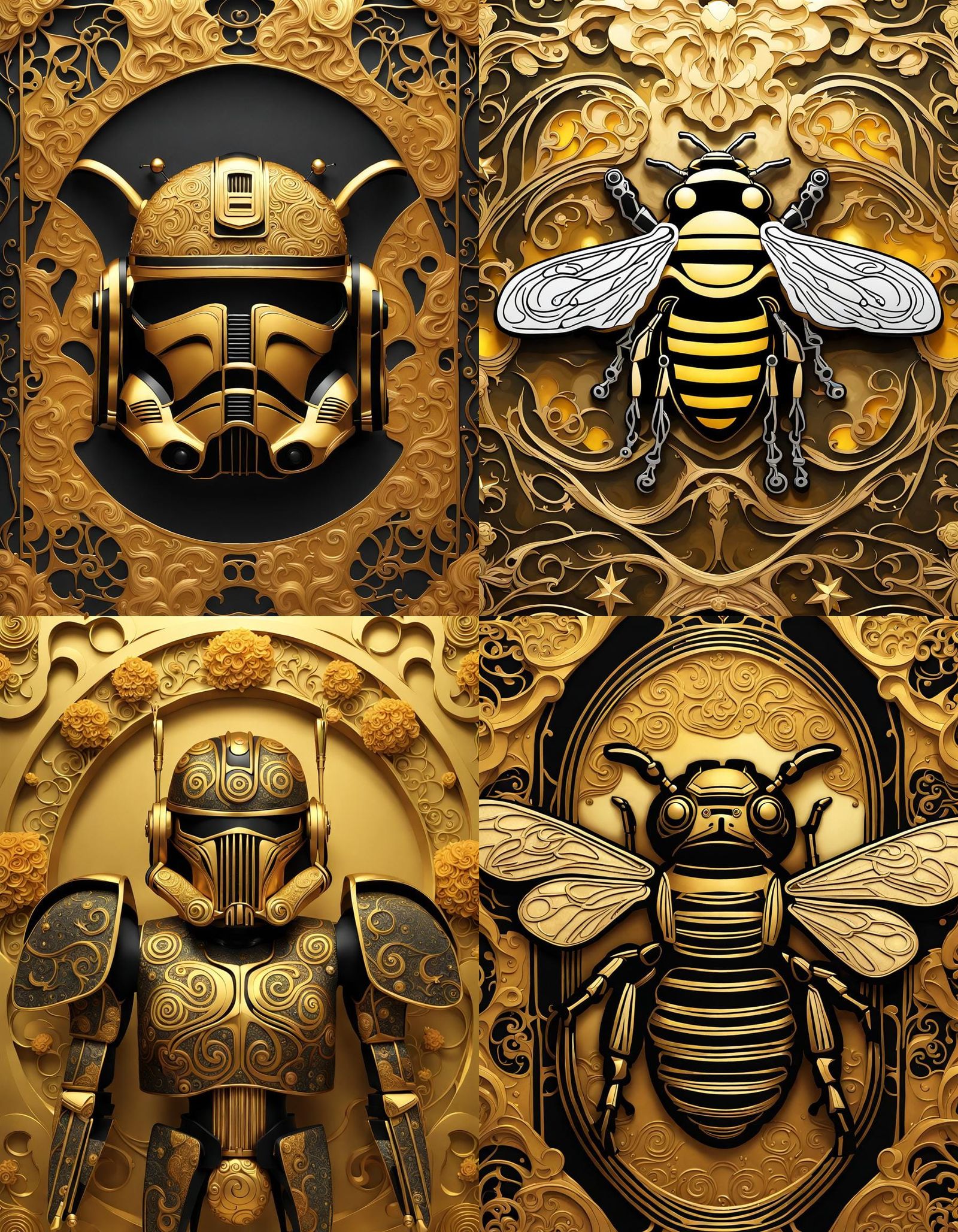 Luxurious Gold Art Nouveau Sculpture with Bumblebee and Star...