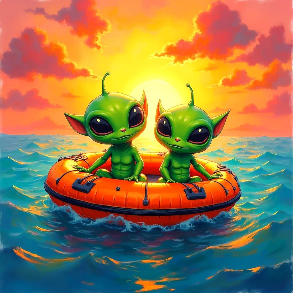 Cute Aliens in Lifeboat at Sunset