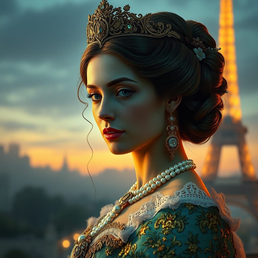 Elegant Parisian Princess in Gold Embroidered Art Nouveau At...