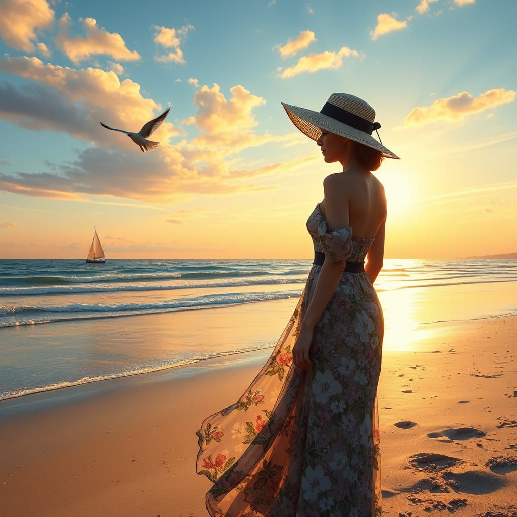 Woman on Beach at Sunset in Ethereal Style