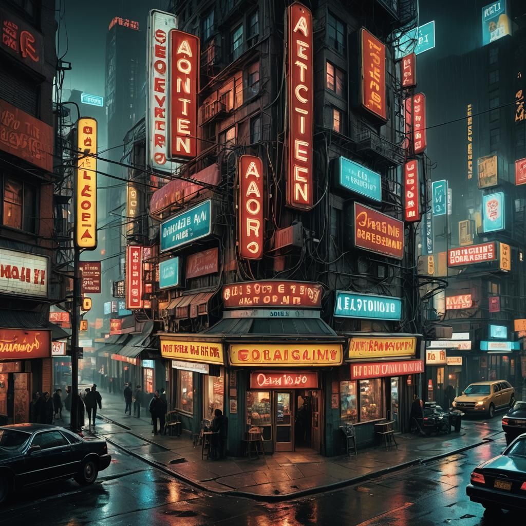 Neon Cityscape with Alien Shops in Hyperrealism