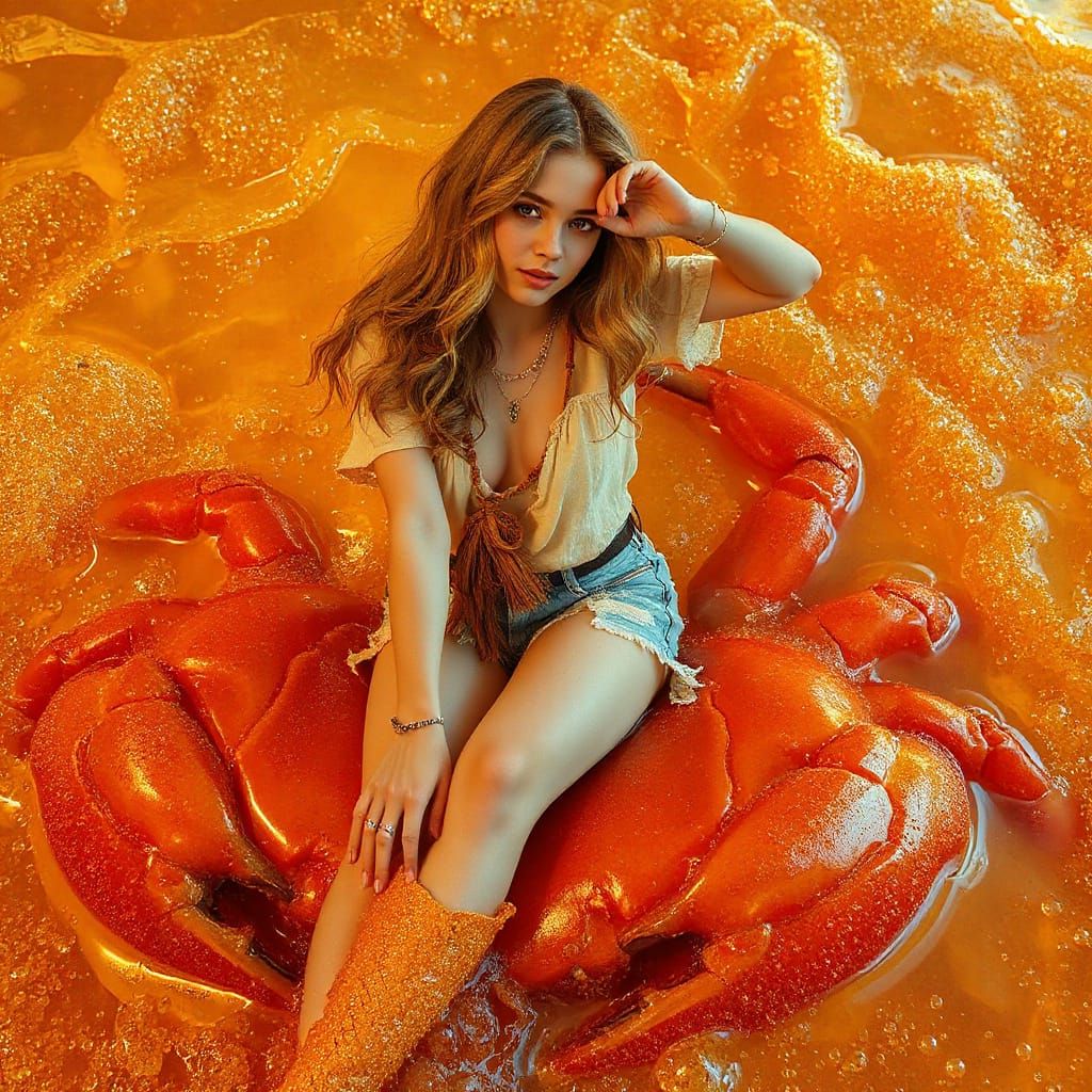 Woman on Gummy Crab in Effervescent Sea