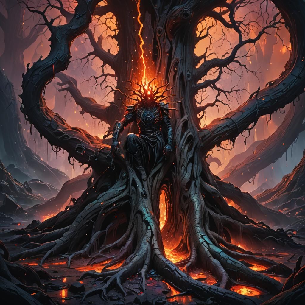 Surreal Lavascape with Nailed Figure, Dark Fantasy Art