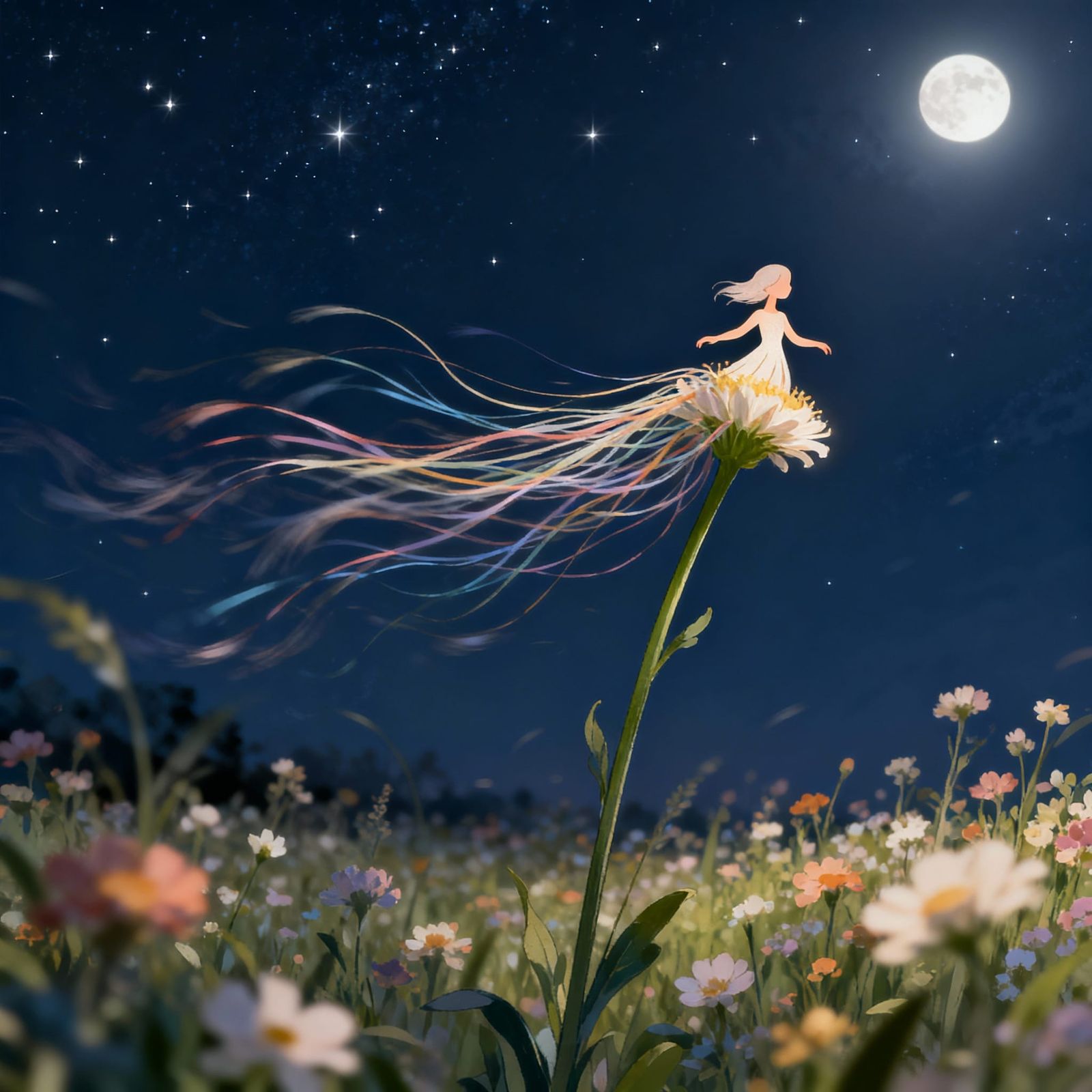 Dancing Flower Woman Under Starry Night Sky