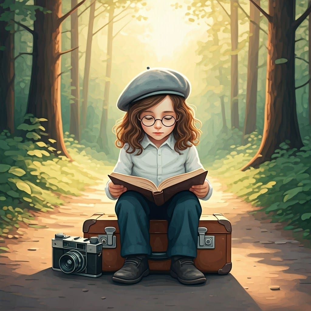 Boy Reading in Forest, Watercolor Nostalgic Illustration