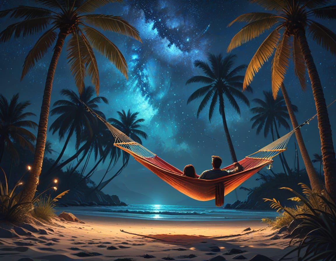 Couple in Hammock Under Bioluminescent Starry Sky