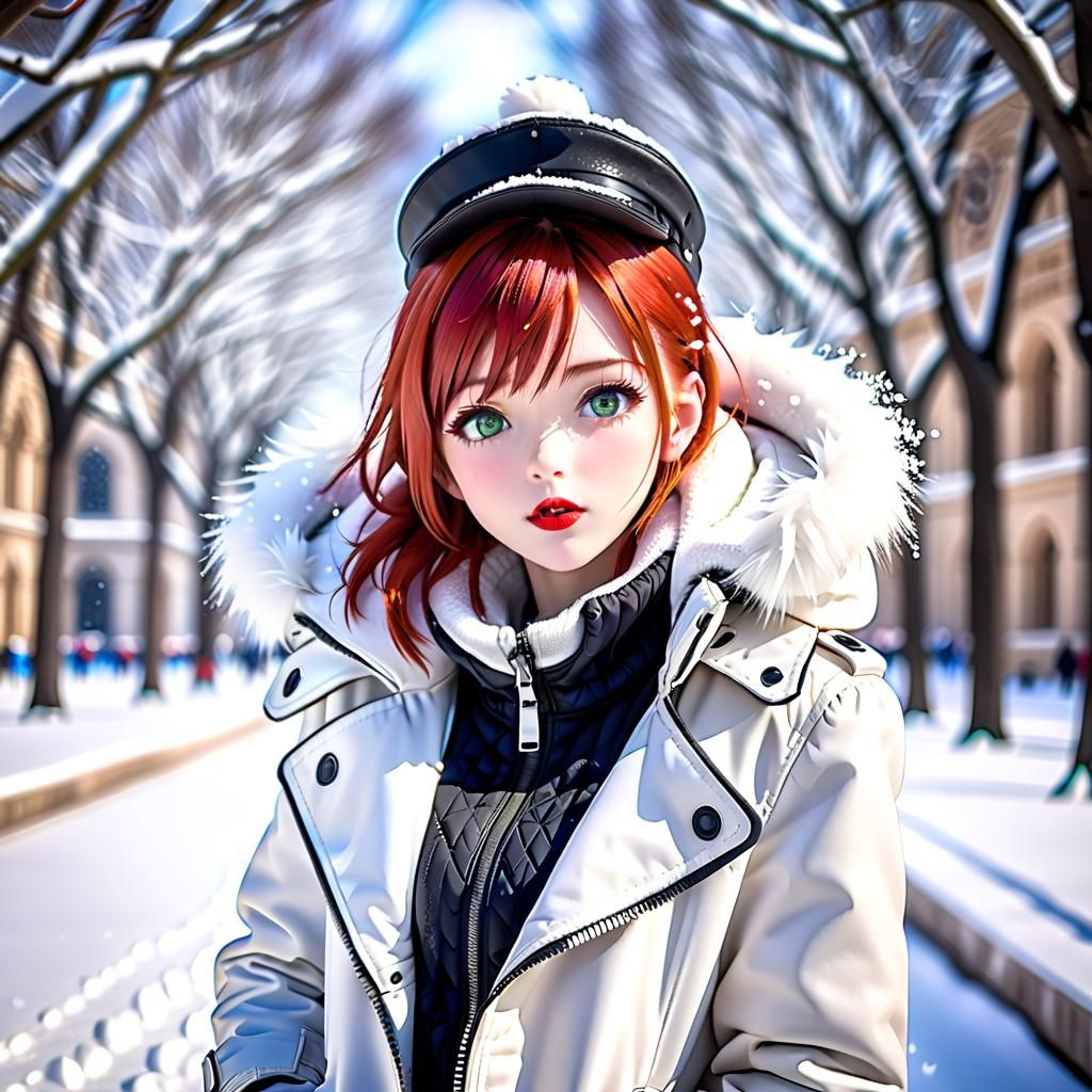 Anime Woman at Winter Palace in the Snow