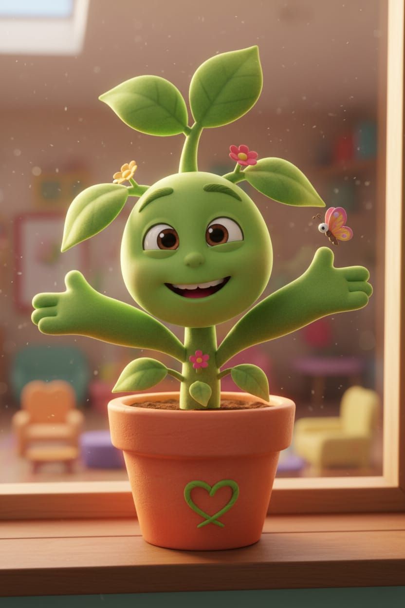 Cute Potted Plant Seeking a Hug in Pixar Style