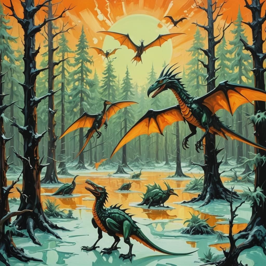 Surreal Pterodactyls in Icy Forest: Oil Painting