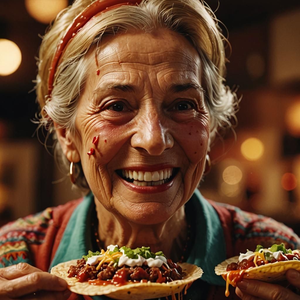 Smiling Woman About to Eat Taco: Cinematic Close-Up