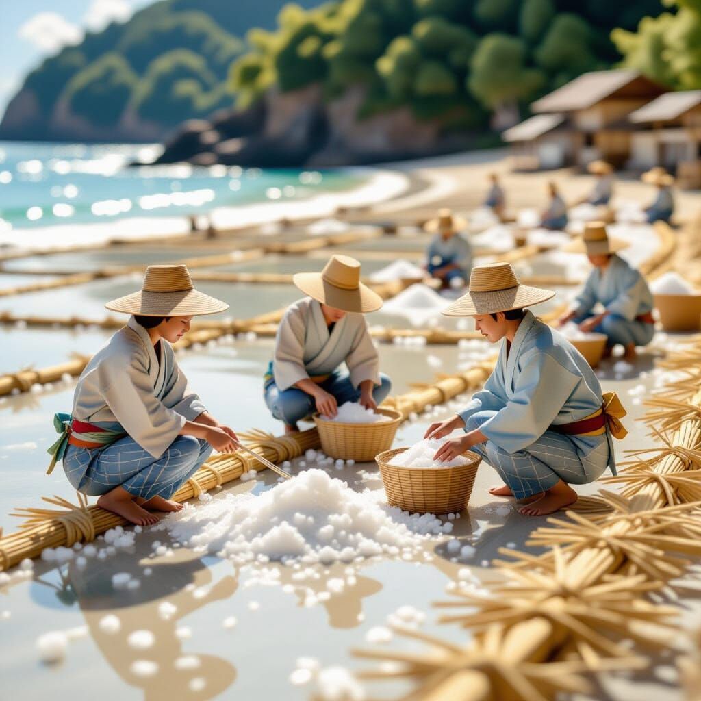 Japanese Salt Harvesters in Origami Papercraft Style