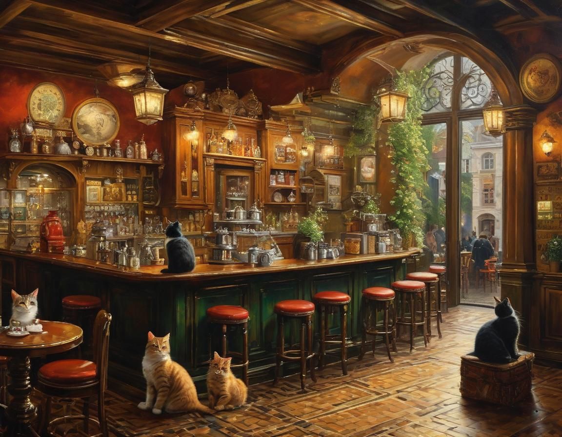 Charming Cat Café in Cracow, Oil Painting