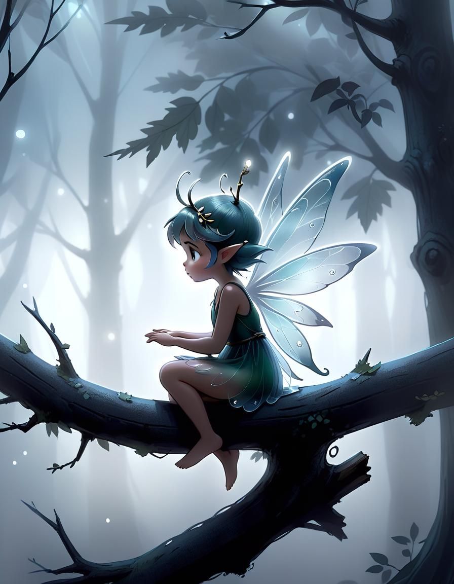 Toddler Fairy in Misty Forest: Cel-Shaded Illustration