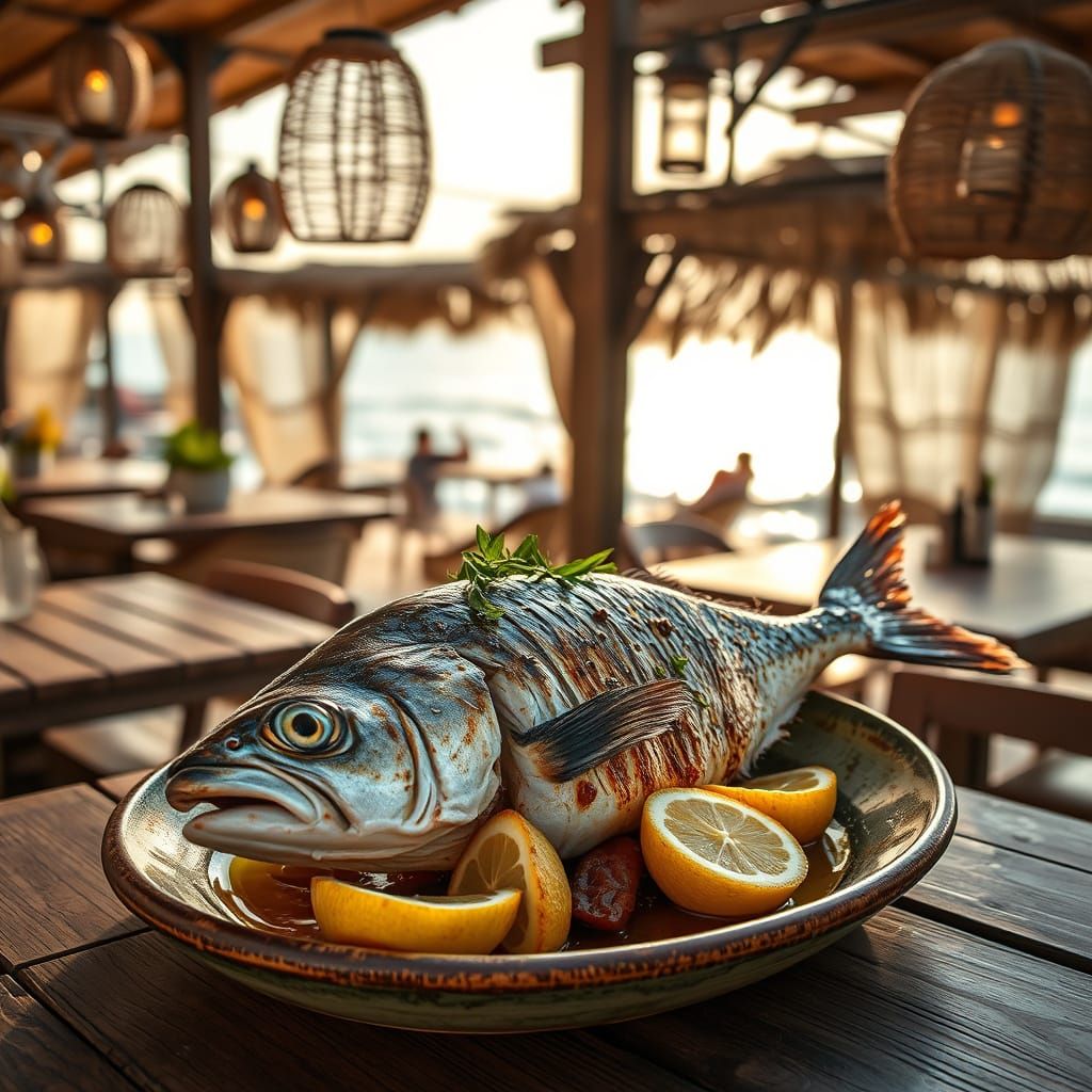 Grilled Fish in Beachside Restaurant: Cinematic Film Still