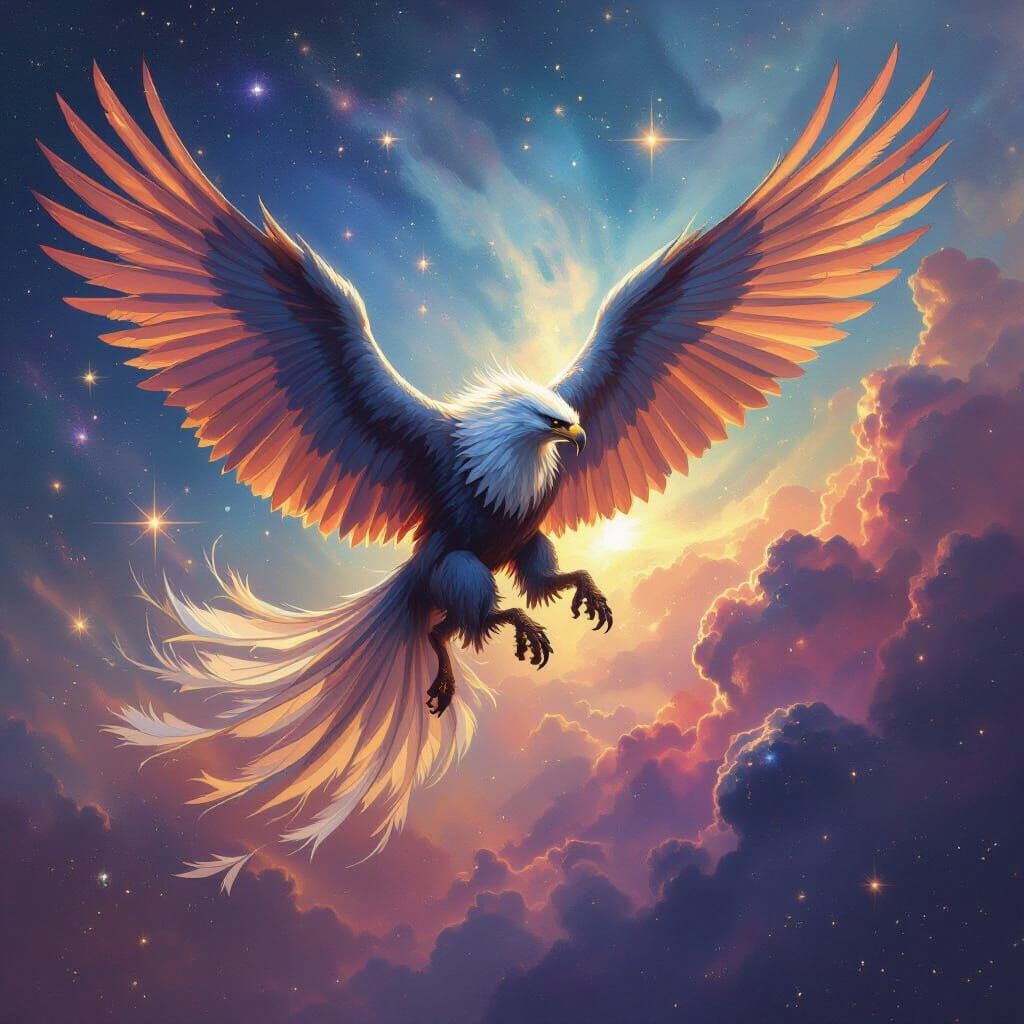 Majestic Griffin Soars Through Cosmic Nebula Oil Painting