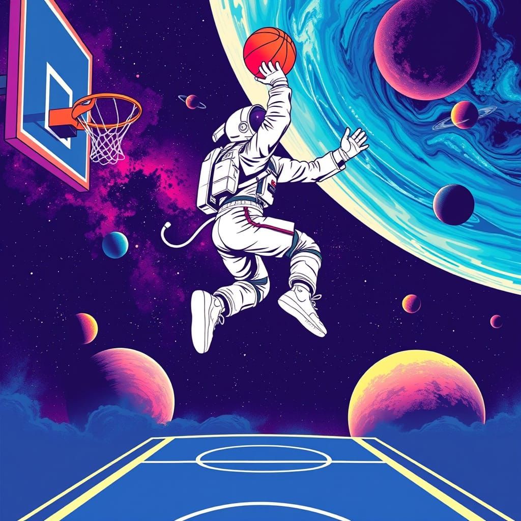 Astronaut Slams Dunk on Space Basketball Court