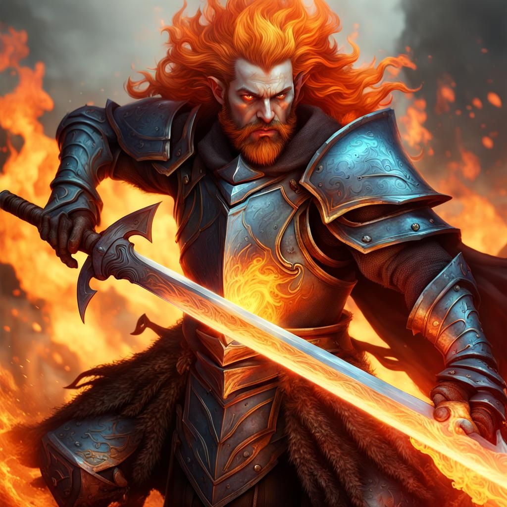 Fire Genasi Warrior with Flaming Greatsword