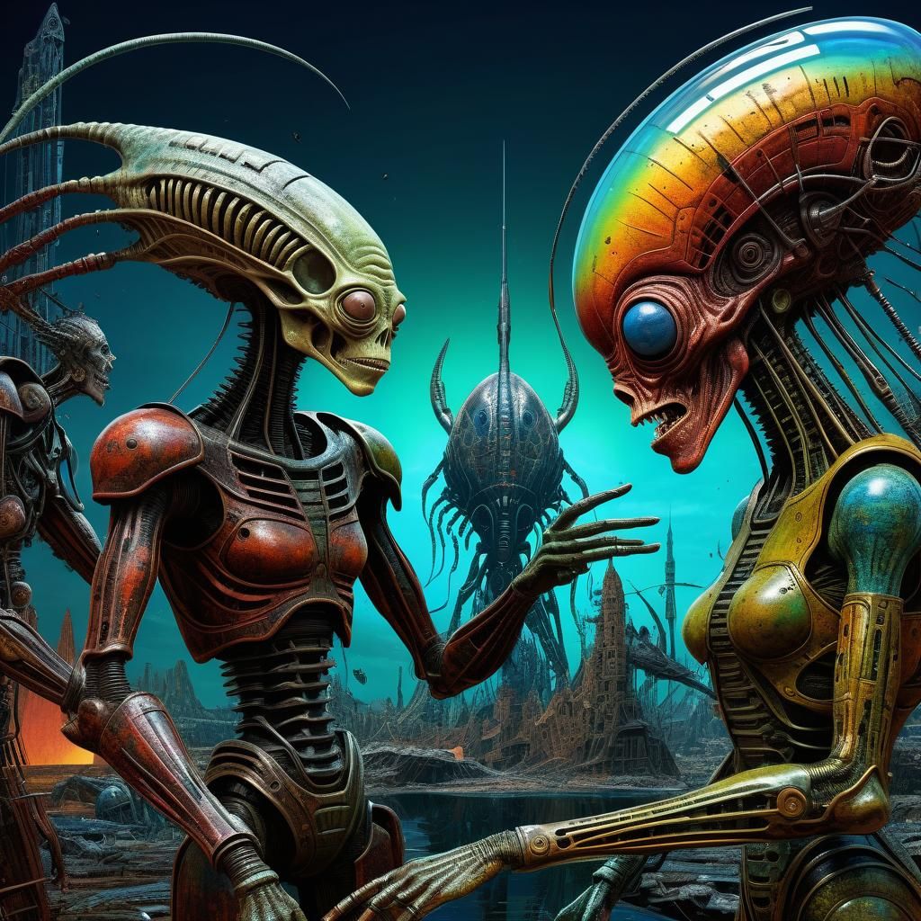 An epic Battle : A biopunk alien and a humanoid woman and he...