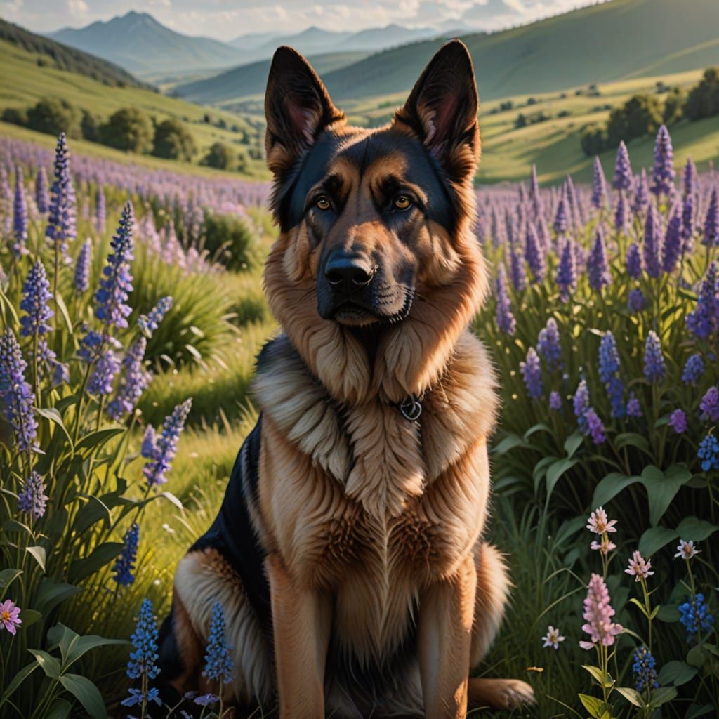 Majestic German Shepherd in Wildflower Field