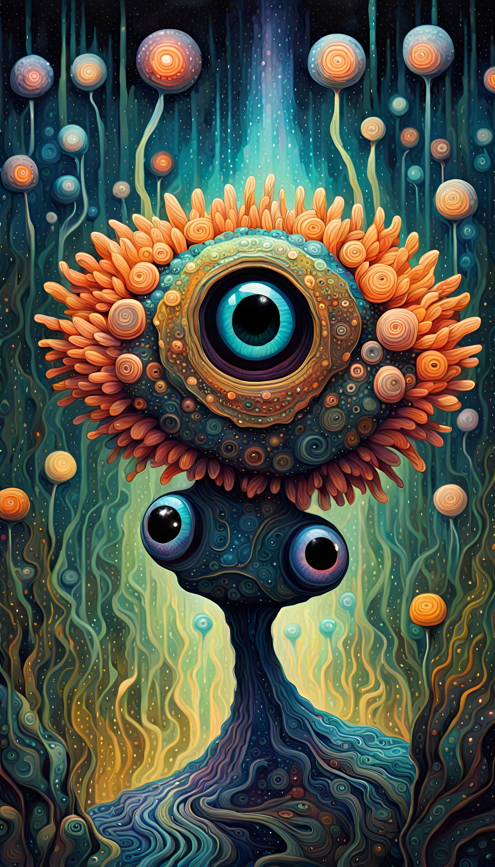 Flower-Adorned Alien in Bioluminescent Forest, Iridescent In...