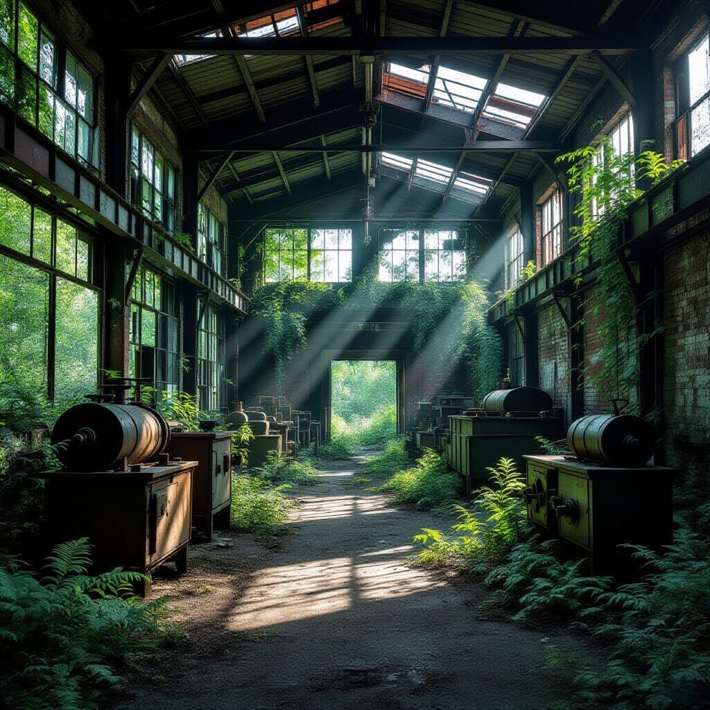 Overgrown Factory Interior: Nature Reclaims Urban Decay