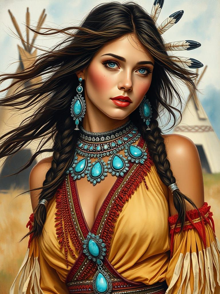 Native American Princess in Mixed Media Pin-Up Art